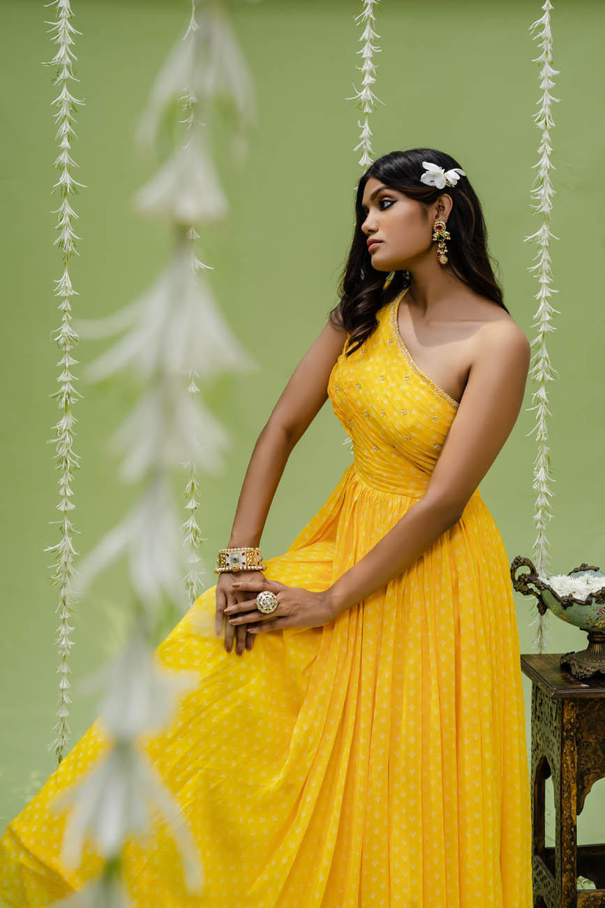 Embroidered Printed Sunny Yellow Gown